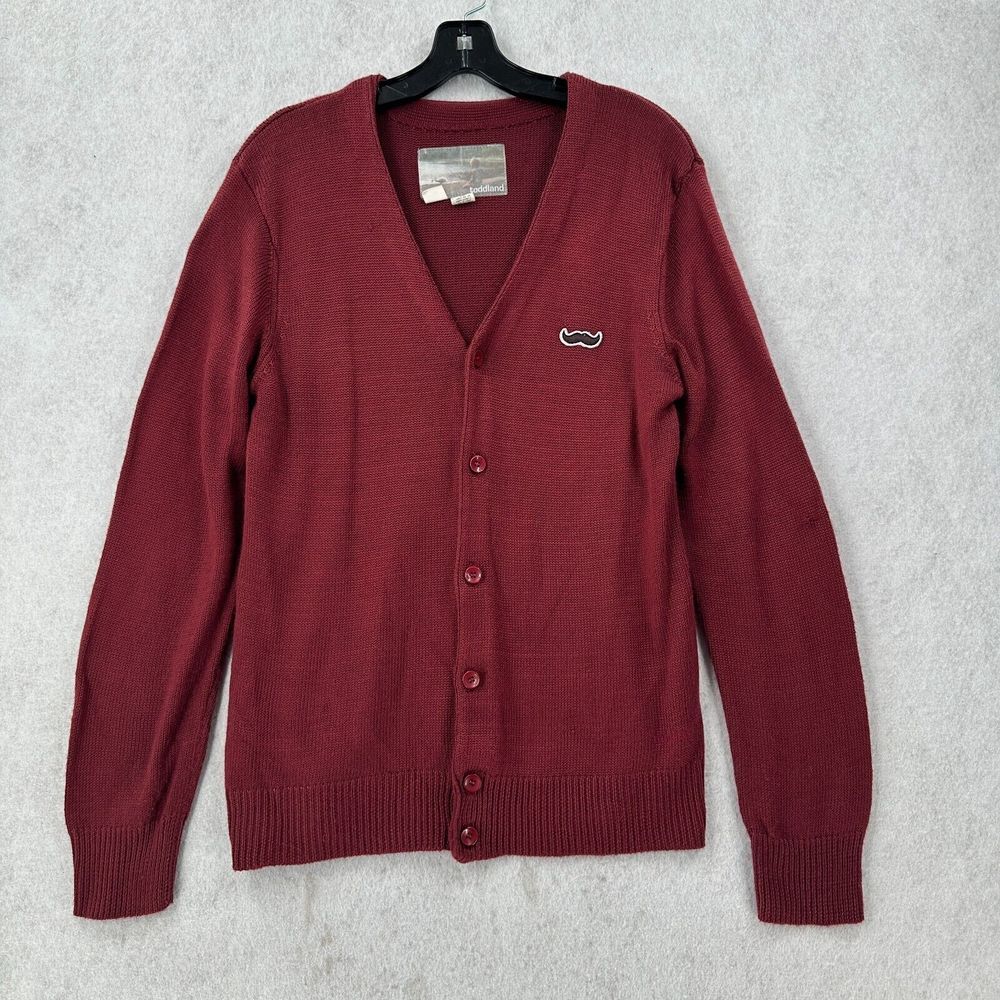 Toddland Mustache Sweater Cardigan Maroon Mens SMALL‎ Burgundy READ